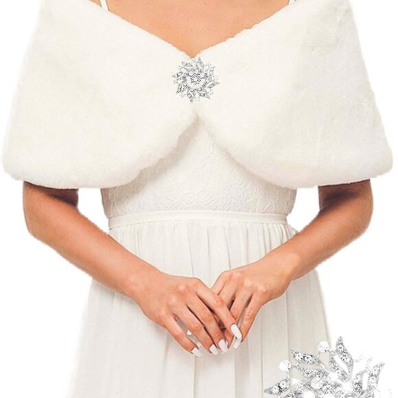 Women Faux Fur Shawls and Wraps Wedding Fur Cape Short Bridal Fur Stole with Bro - Picture 1 of 7